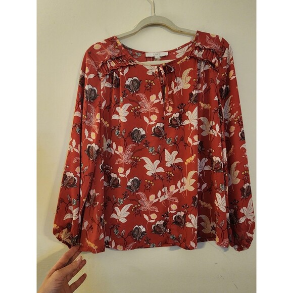 Loft Size Medium RedFloral Tie Neck Blouse Peplum Ruffle Hem Top Career Wear - Picture 1 of 7